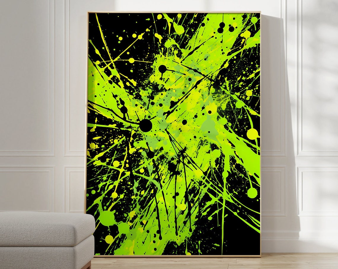 Jackson Pollock Style Electric Green Splatter Black Art Poster