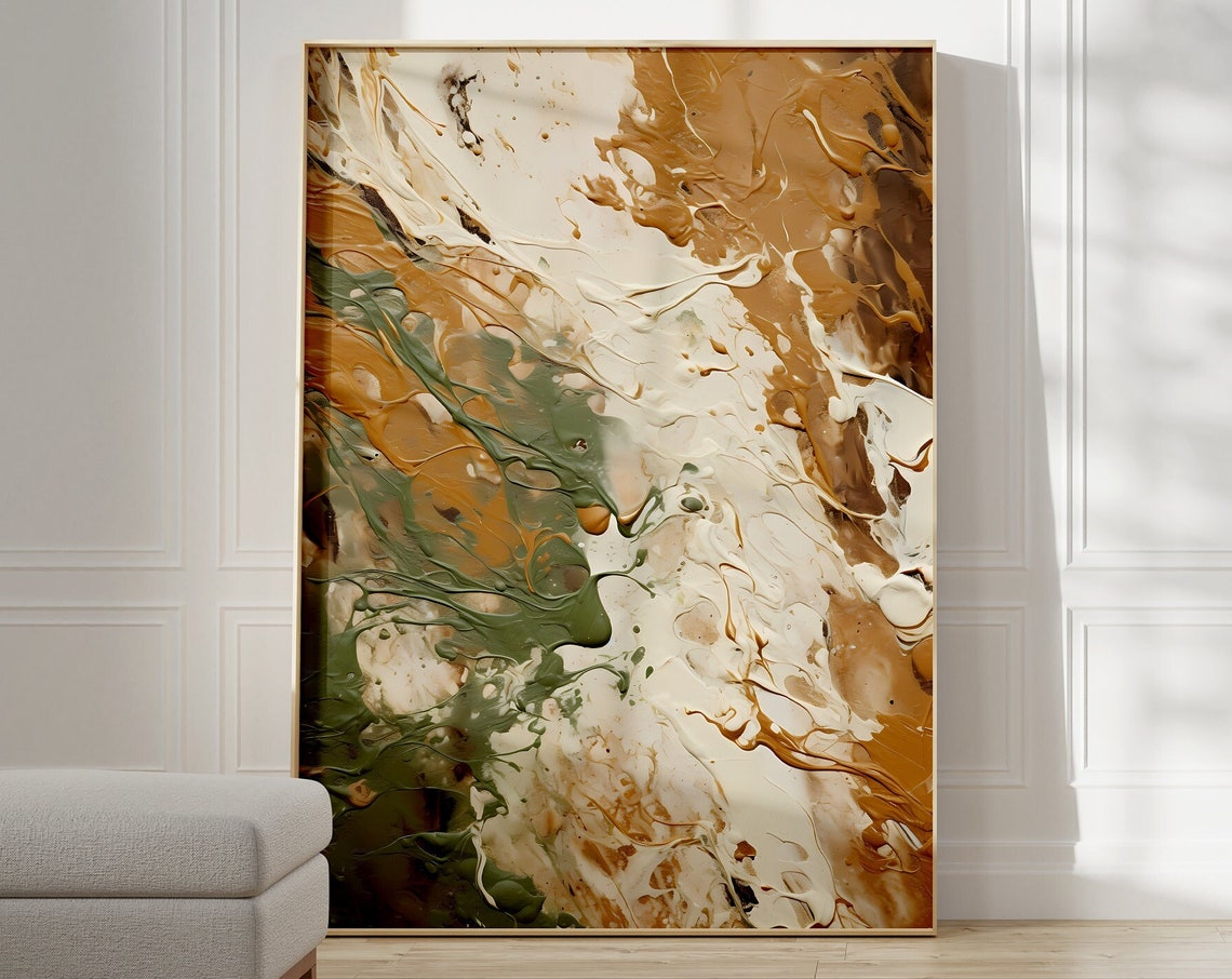 Jackson Pollock Style Sage Green Caramel Flow Abstract Art Poster