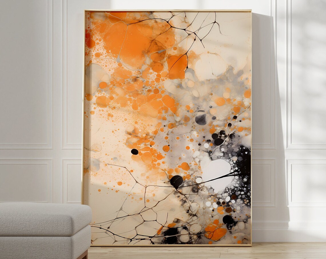 Jackson Pollock Style Orange Ink Splatter Cream Abstract Art Poster