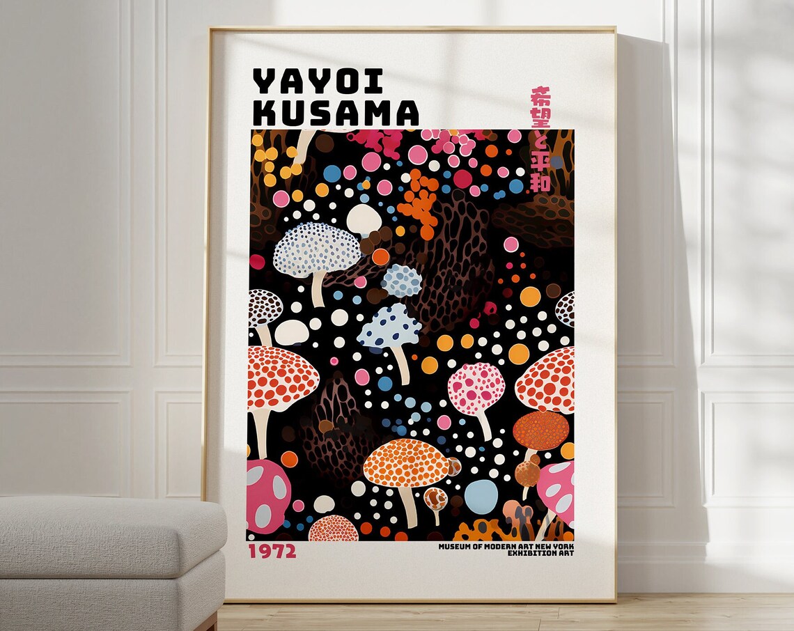 Yayoi Kusama 1972 Dotted Mushroom Forest Black Modern Art Poster