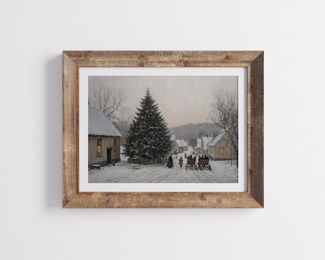 Rustic Christmas Village Tree Sleigh Ride Snow Evening Holiday Poster - Image 2