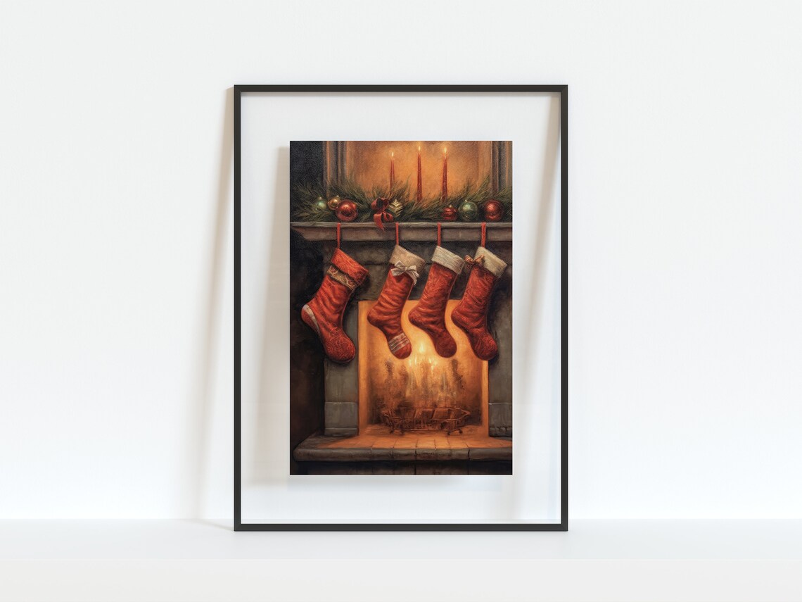 Red Christmas Stockings Hanging On A Glowing Fireplace Mantel Poster - Image 2