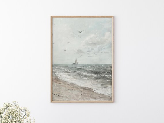 Vintage Sailboat Stormy Sea Beach Waves Seagulls Neutral Nautical Seascape Art Print