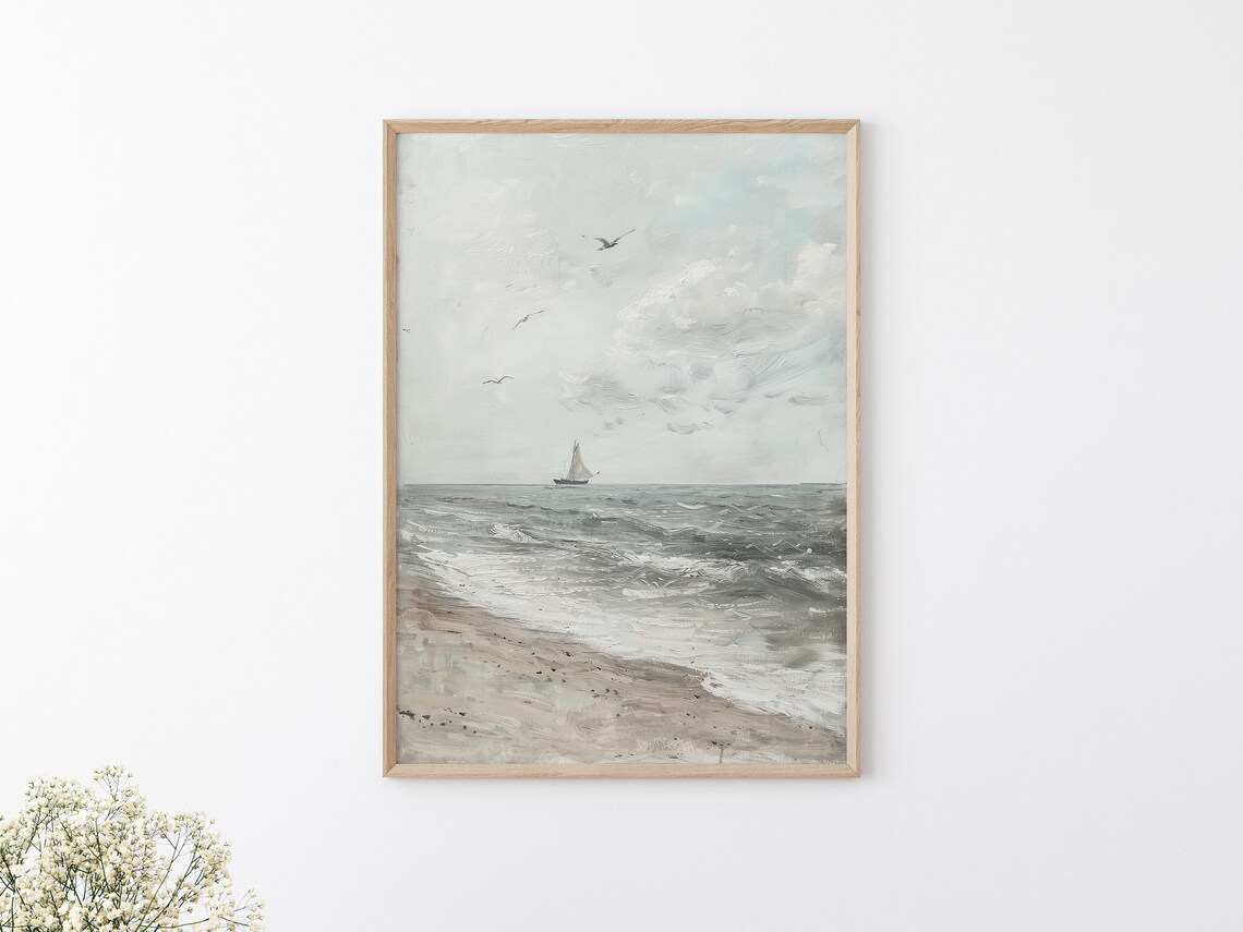 Vintage Sailboat Stormy Sea Beach Waves Seagulls Neutral Nautical Seascape Art Print