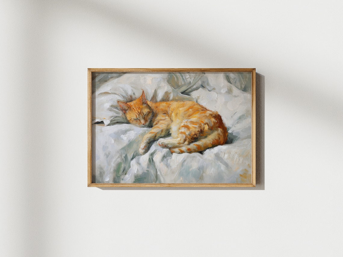 Ginger Tabby Cat Sleeping On White Bedding Vintage Oil Painting Poster - Image 2