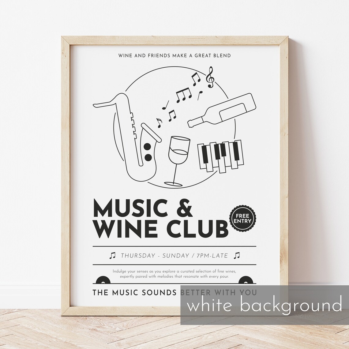 Black and White Music and Wine Club Jazz Evening Line Art Poster - Image 2