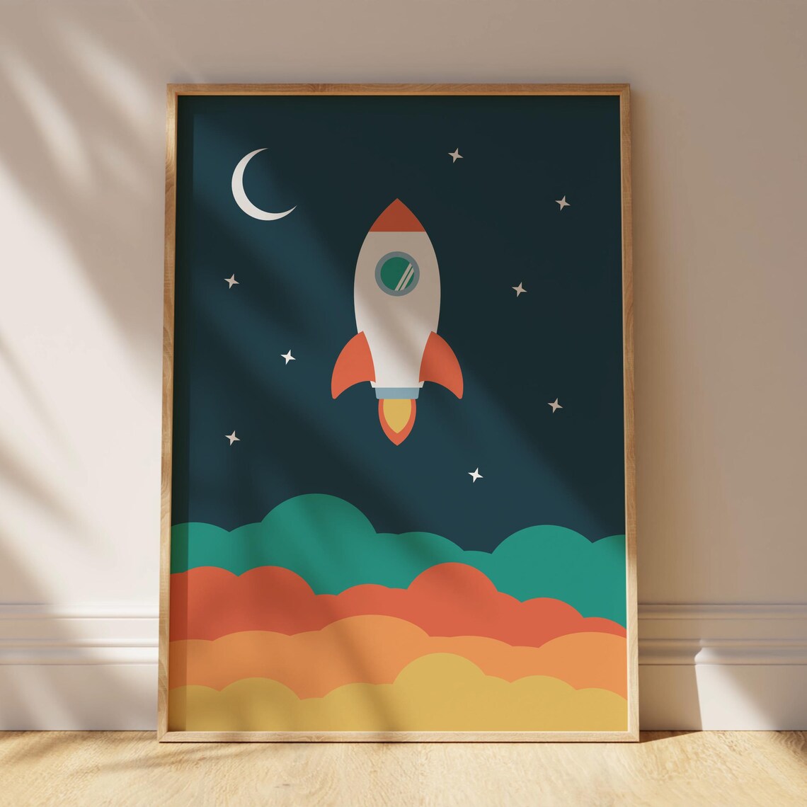 Space Rocket Colorful Starry Night Sky Kids Nursery Illustration Poster - Image 4