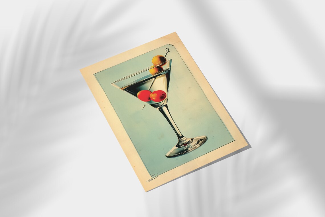 Retro Martini Cocktail Glass With Olives Vintage Style Drink Poster - Image 2