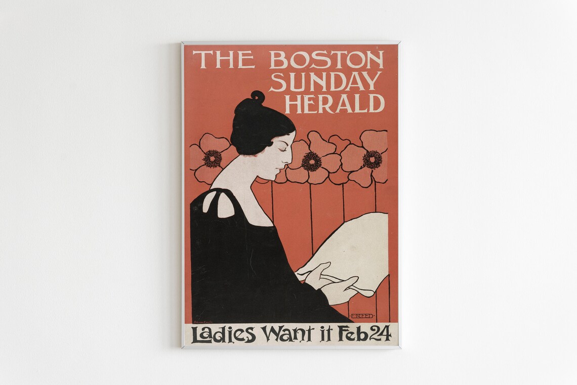 Boston Sunday Herald Ladies Art Nouveau Woman Reading Poster