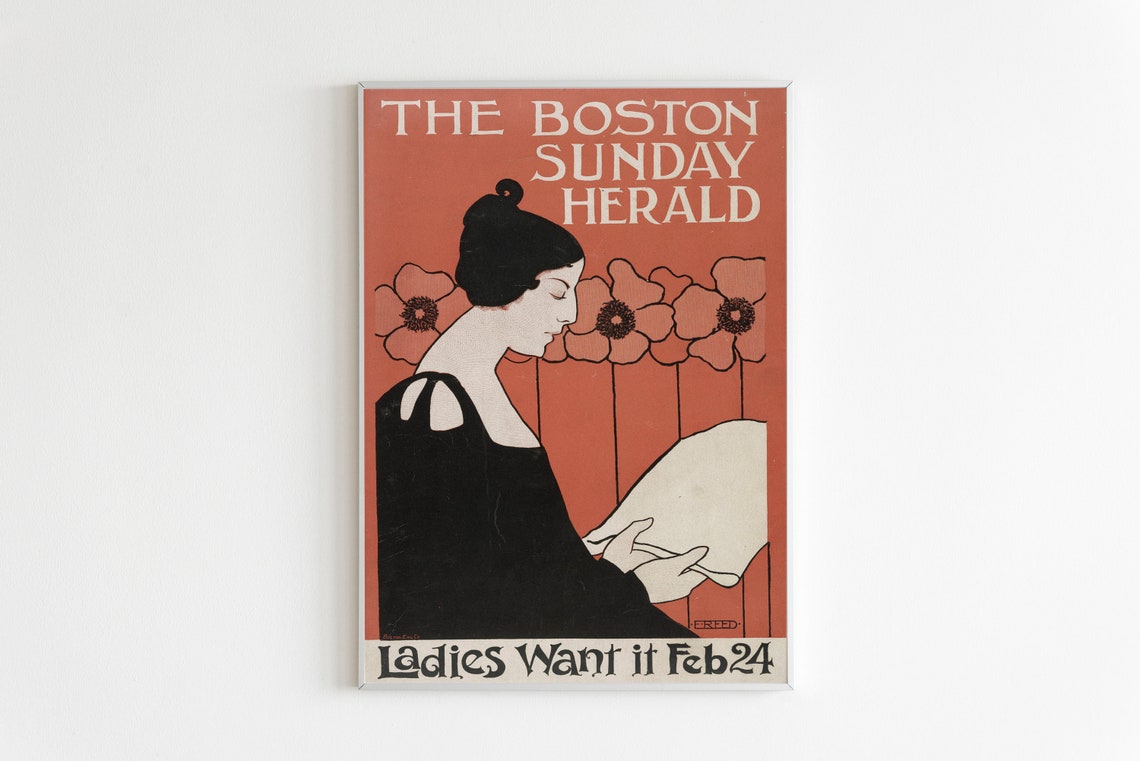 The Boston Sunday Herald Art Print Vintage Poster Of A Woman Reading A Newspaper In Art Nouveau Style Vintage Poster Retro Style Print