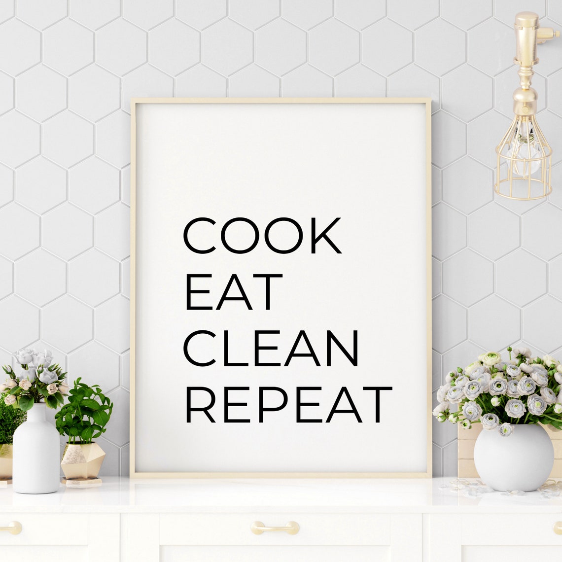 Cook Eat Clean Repeat Minimalist Kitchen Quote Typography Poster