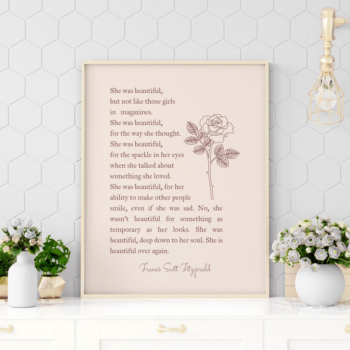 She Was Beautiful F Scott Fitzgerald Quote Rose Line Art Poster