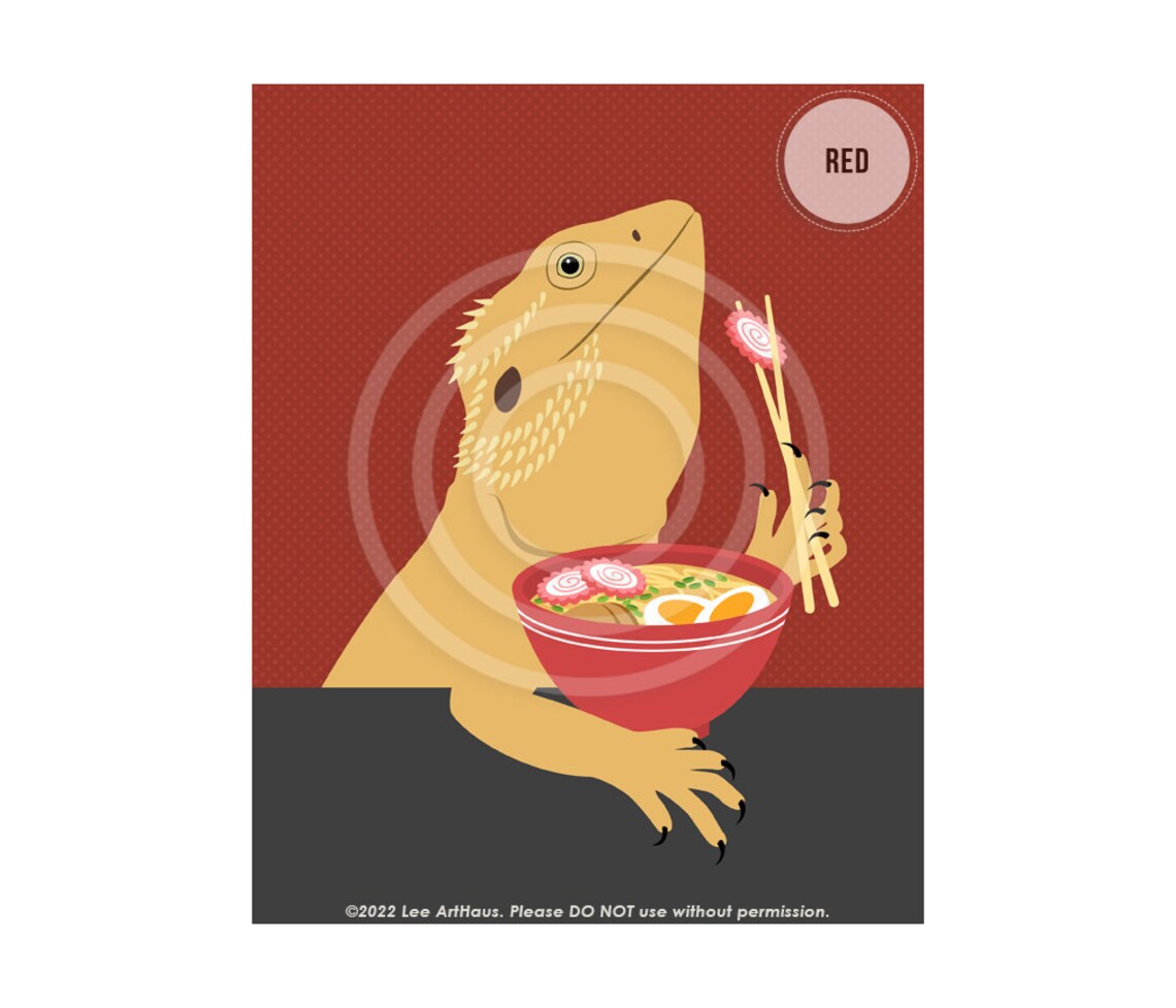 Bearded Dragon Eating Ramen Noodles Chopsticks Funny Pet Poster
