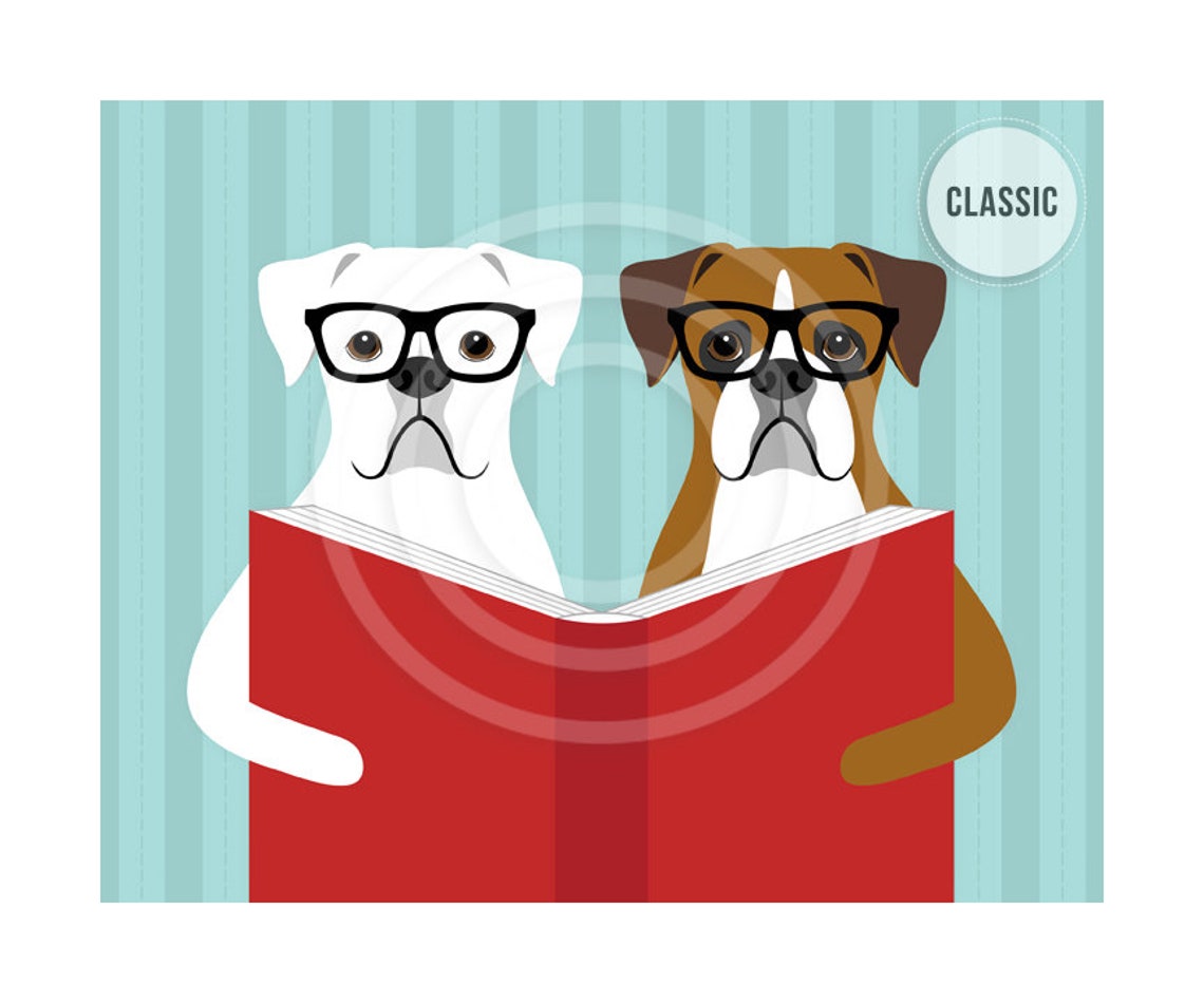 Two Boxer Dogs Wearing Black Glasses Reading a Book Funny Poster