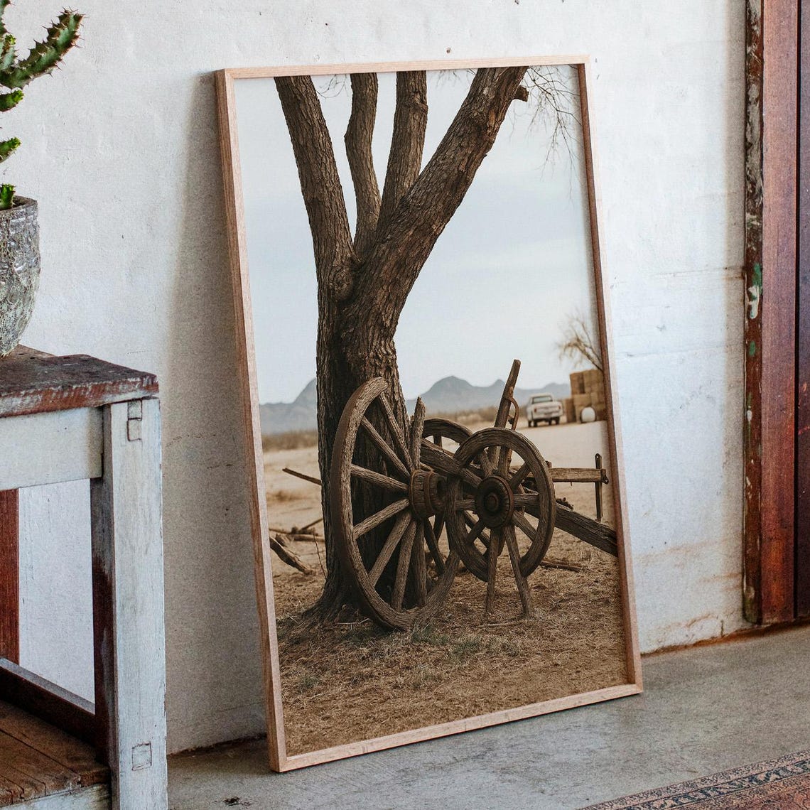 Old Wagon Wheels In Desert Tree Arid Ranch Landscape Wall Art
