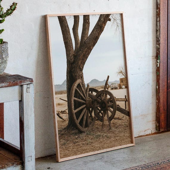 Rustic Wagon Wheel Canvas Wall Art Western Desert Tree Scene With Vintage Farm Truck Hay Bales Country Landscape Print