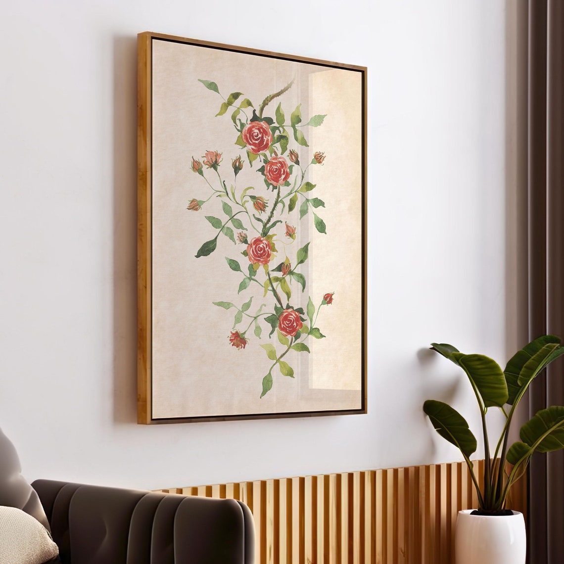 Vintage Wild Rose Botanical Illustration on Aged Paper Print
