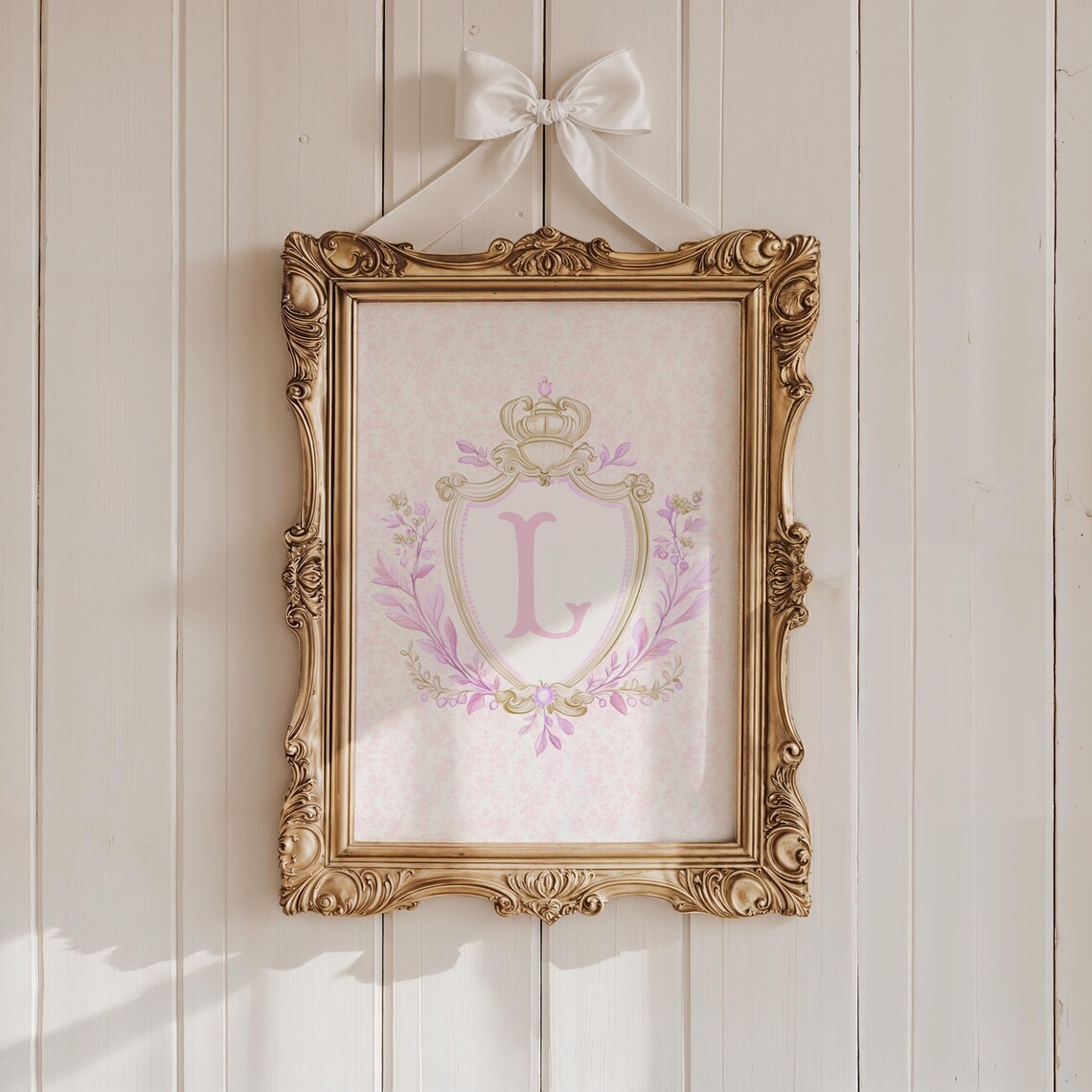 Pink Letter L Initial Monogram Crown Crest Floral Nursery Art Print - Image 2