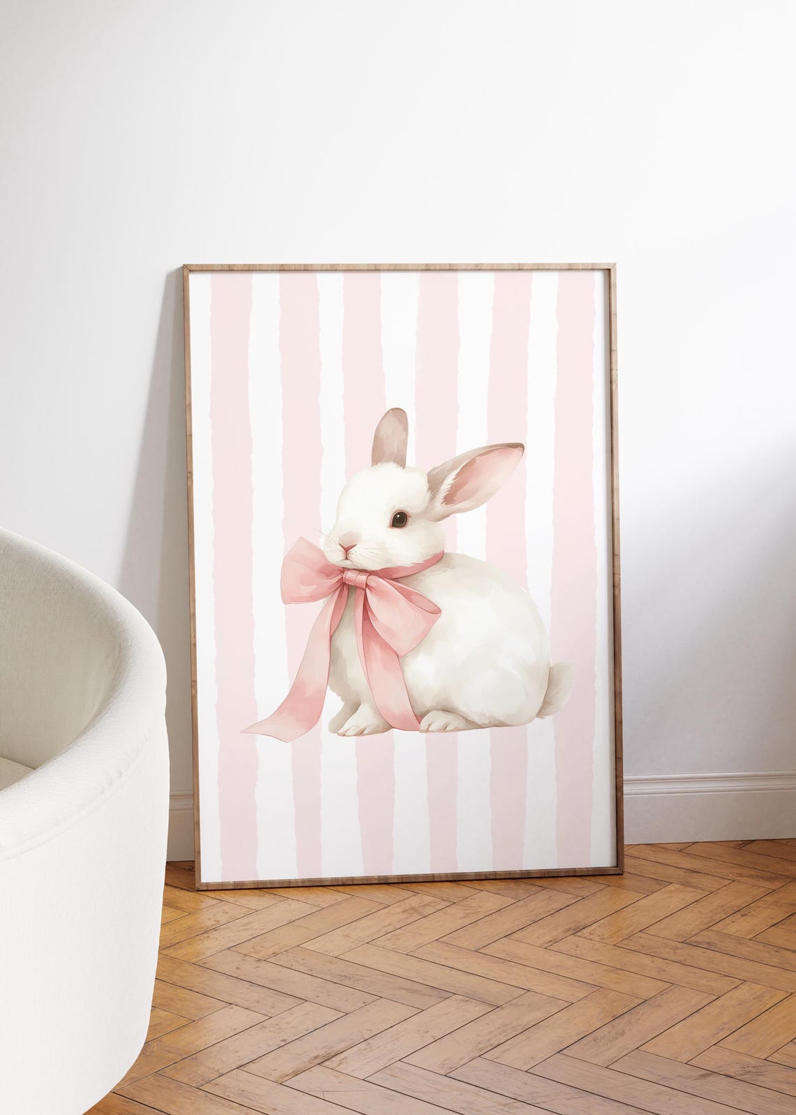 Fluffy White Bunny Pink Bow Striped Coquette Nursery Art Print - Image 3