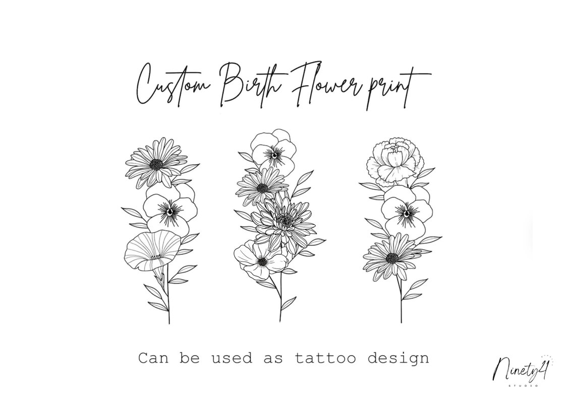 Custom Birth Flower Bouquet Poster Vertical Black Line Floral Art - Image 4