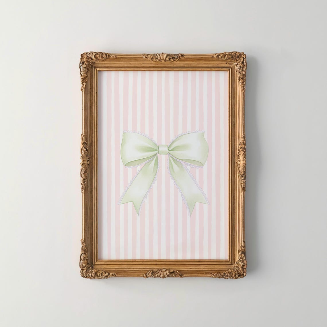 Soft Sage Green Bow Pink Striped Coquette Aesthetic Art Print