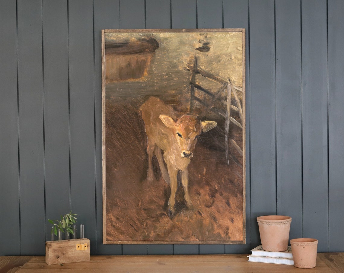 Calf Painting Wall Art Living Room Wood Sign Farm Animal Art Vintage Wood Sign Large Vertical Sign Nursery Farm Animal Theme B17