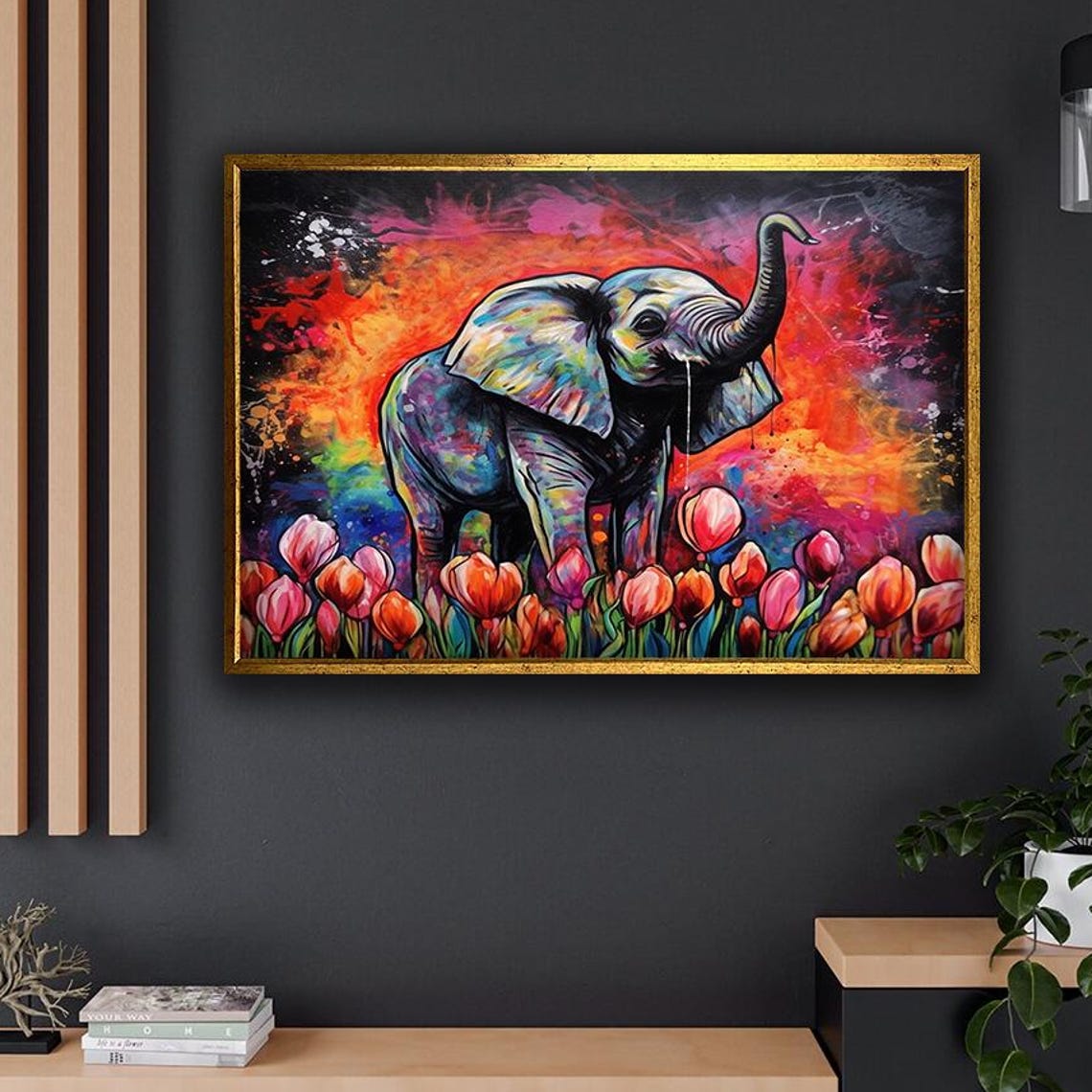 Baby Elephant Among Pink Tulips with Colorful Paint Splashes Poster