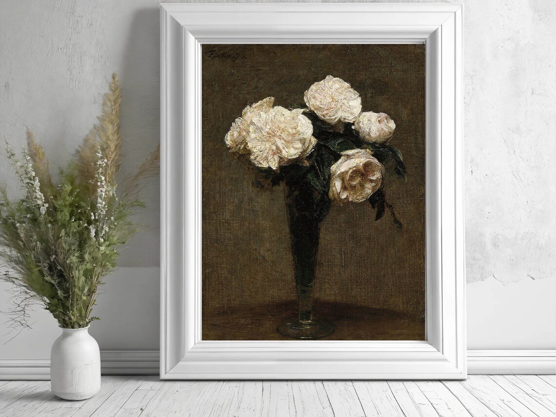 White Roses Tall Glass Vase Dark Background Vintage Floral Poster - Image 4