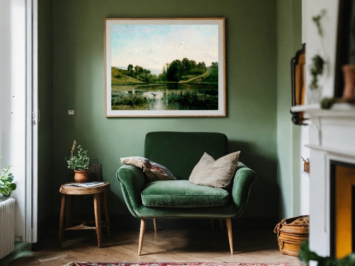 Muted Green Pond Landscape Vintage Countryside Bird Painting Poster - Image 2