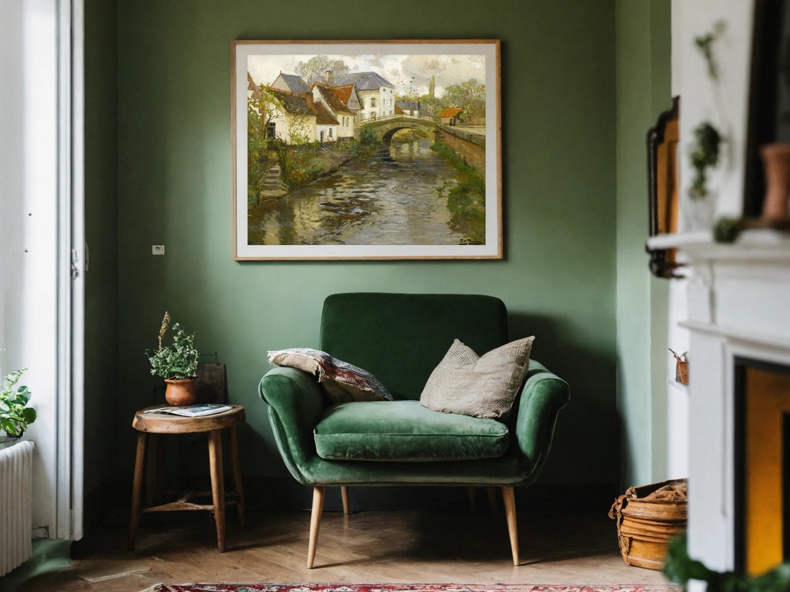 Village Stone Bridge Canal Tile Roofs Charming Impressionist Poster - Image 5