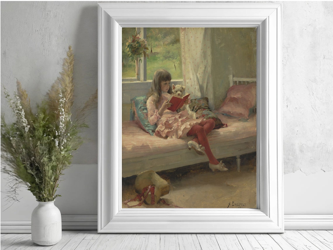 Victorian Girl Art Print Good Friends Vintage Portrait Painting Print Dog Print Nursery Print Wall Art