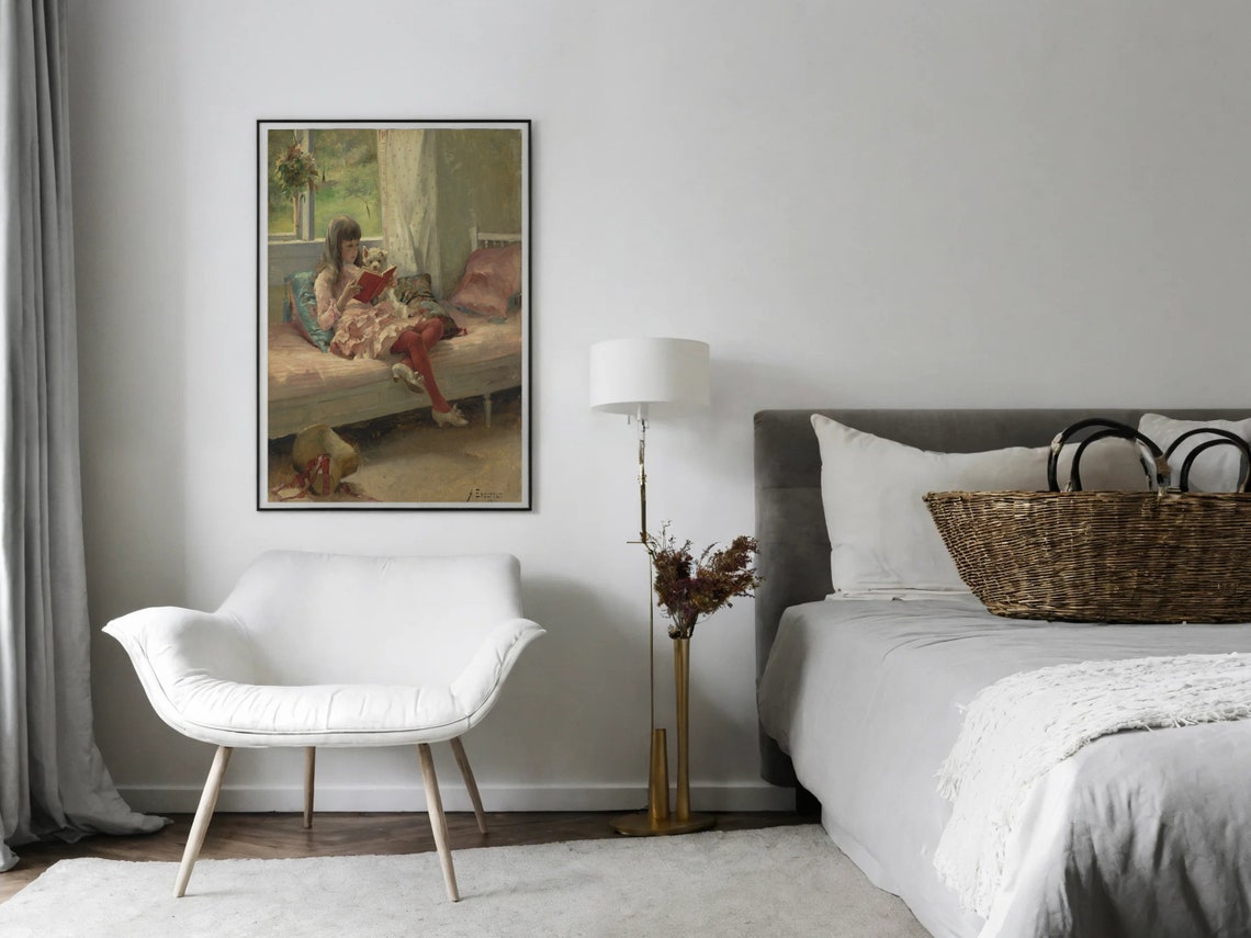 Victorian Girl Reading with Small Dog Vintage Portrait Poster - Image 2