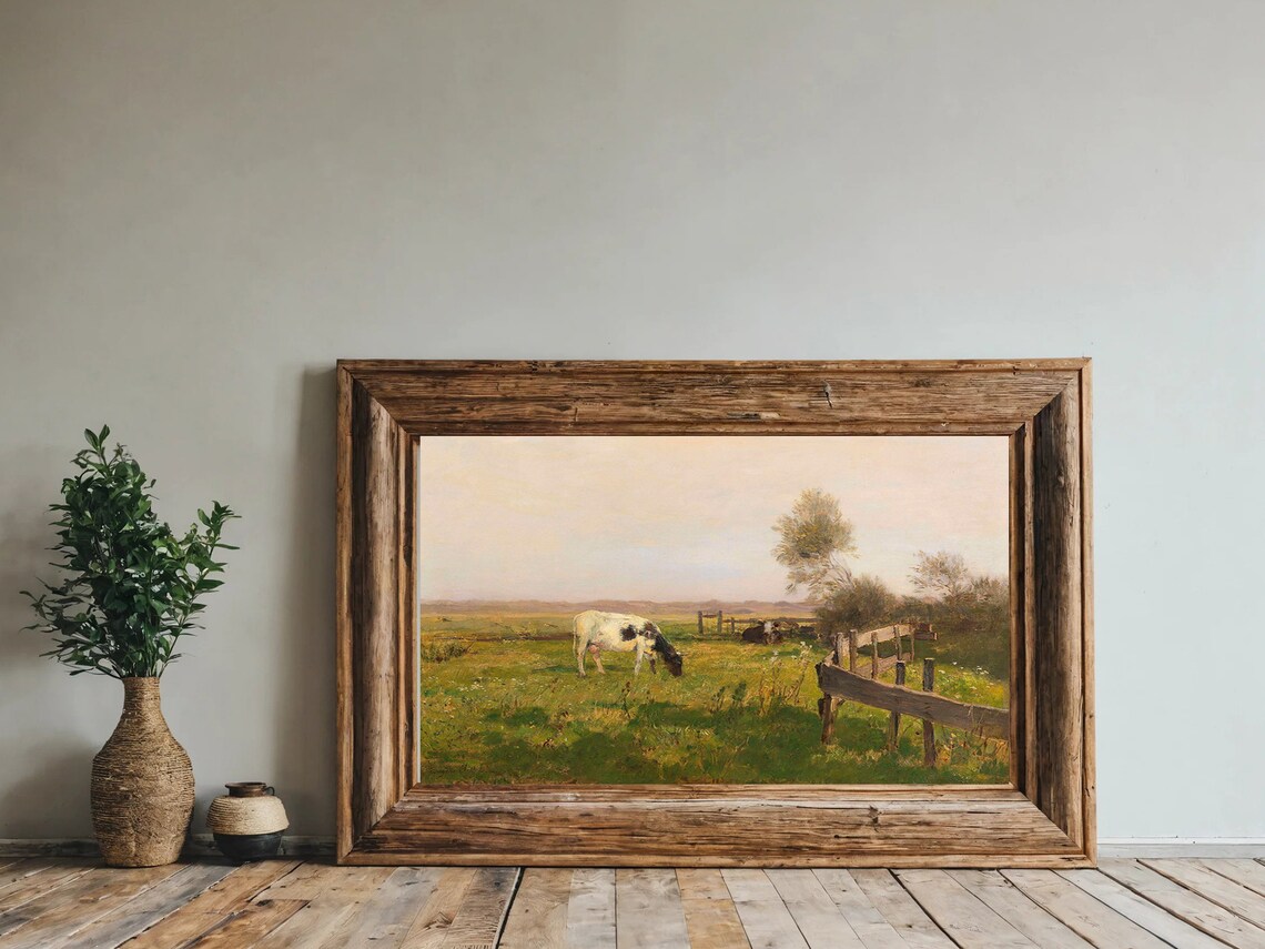 Vintage Cow Grazing Pasture Farm Animal Muted Rustic Painting Poster - Image 7