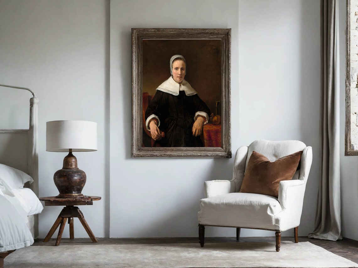 Rembrandt Woman Holding Pink Flower Dutch Golden Age Portrait Poster - Image 3