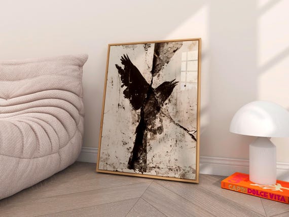 Dark Surreal Black Bird in Flight Cracked Texture Japandi Art Poster