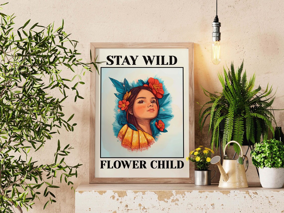 Stay Wild Flower Child Boho Girl Portrait Retro Floral Art Poster