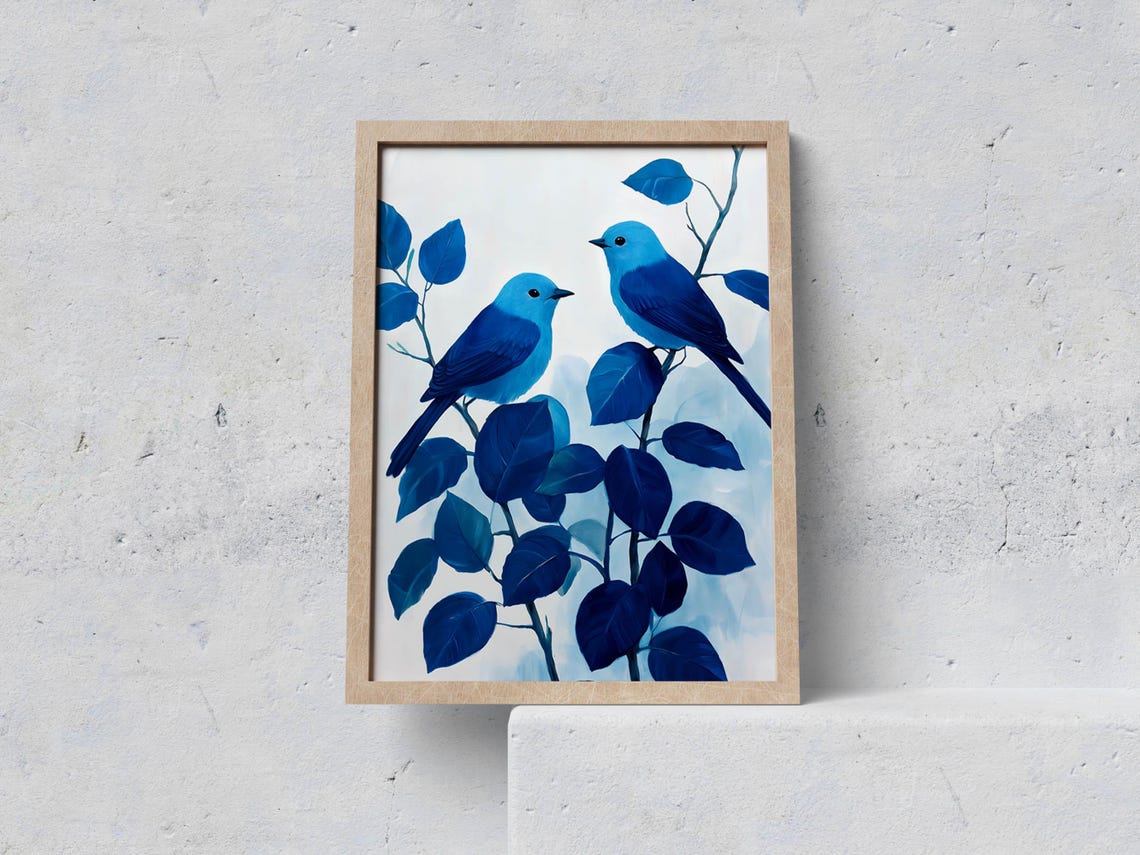 Two Blue Birds On Branch Chinoiserie Style Blue Floral Poster