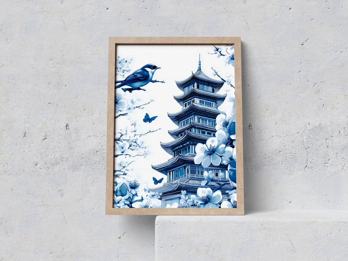 Blue Chinoiserie Pagoda Birds Cherry Blossom Oriental Poster