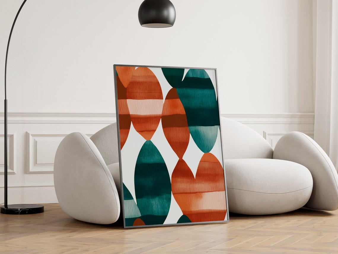 Mid Century Geometric Botanical Terracotta Teal Abstract Art Poster