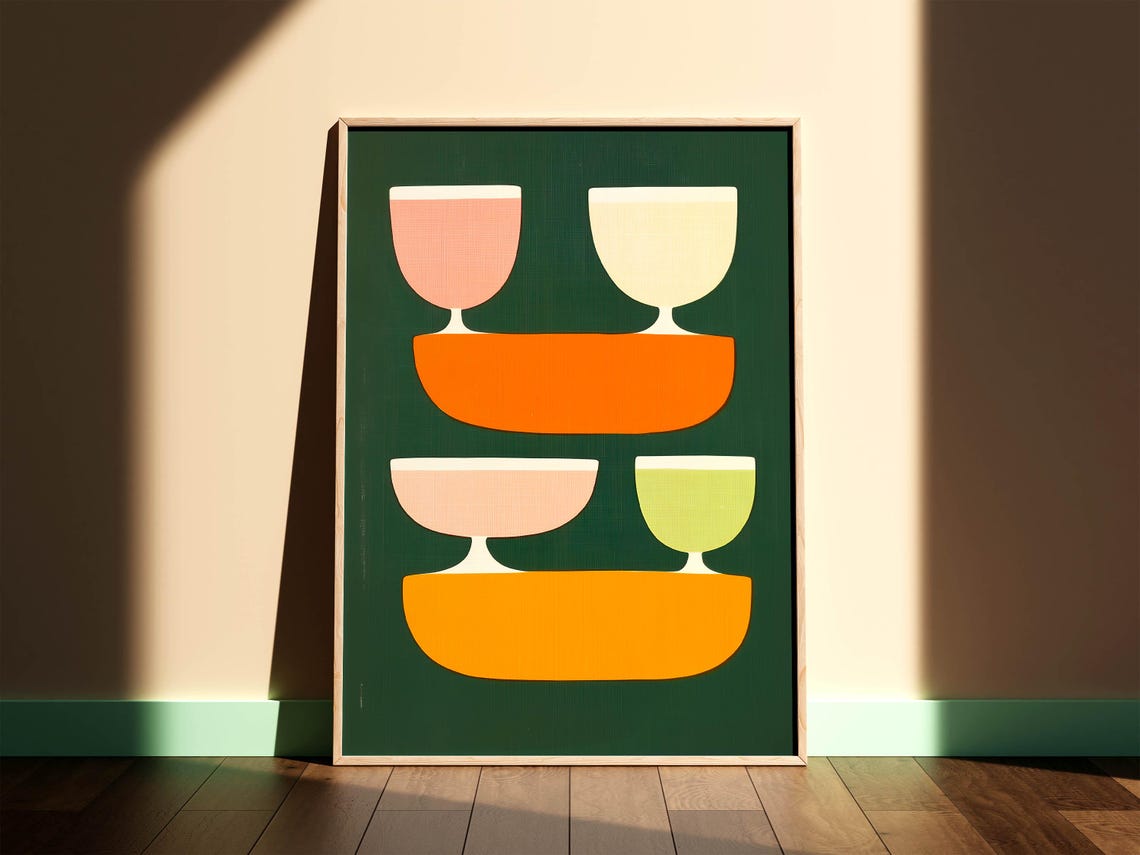 Minimalist Retro Stacked Cups on Deep Green Mid Century Modern Poster