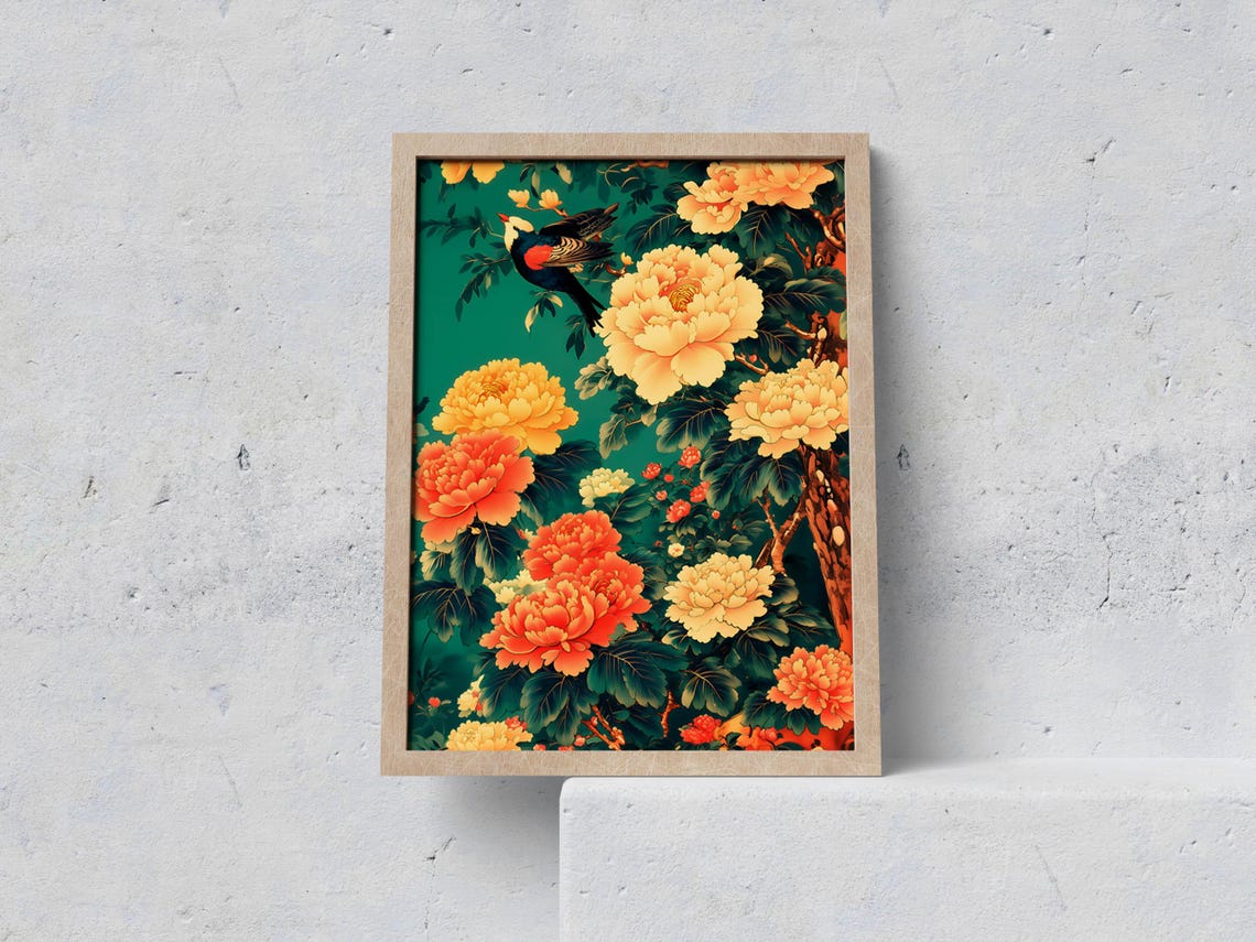 Emerald Chinoiserie Golden Peony Blossoms Bird Floral Poster