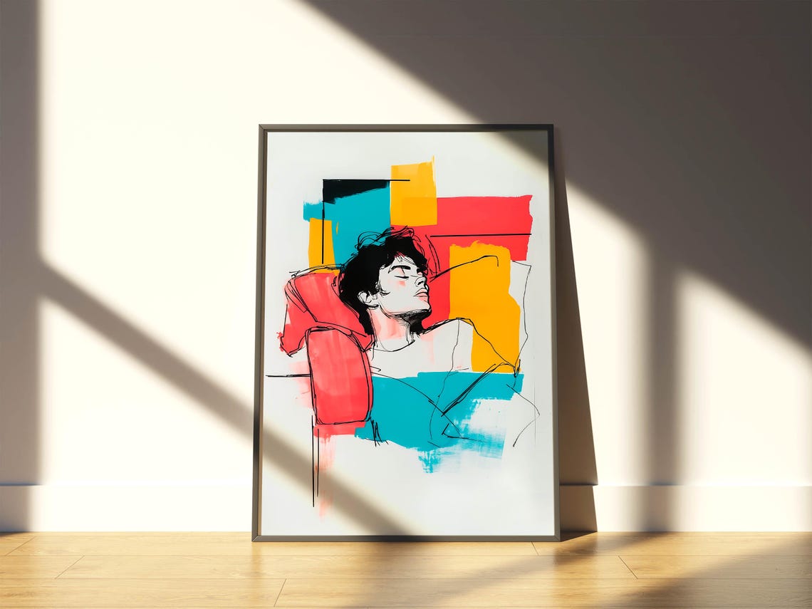 Colorful Abstract Portrait Sketch Bold Red Yellow Teal Modern Poster