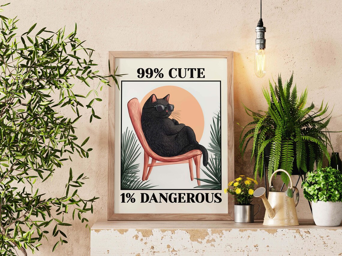99% Cute 1% Dangerous Black Cat Sunglasses Retro Chair Poster