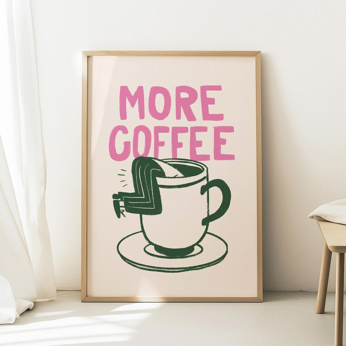 More Goffee Funny Coffee Diver Jumping Into Cup Pink Green Kitchen Wall Art