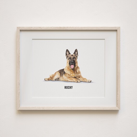 German Shepherd Watercolor Dog Portrait Print Lying Down Named Rocky
