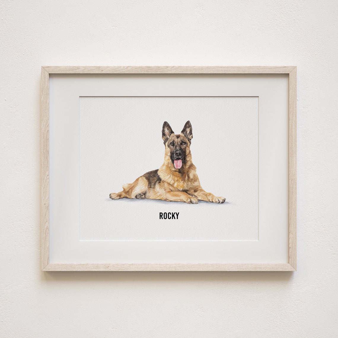 German Shepherd Watercolor Dog Portrait Print Lying Down Named Rocky