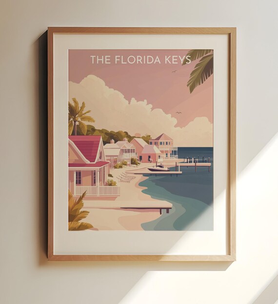 The Florida Keys Beach Cottages Dock Vintage Pink Travel Poster