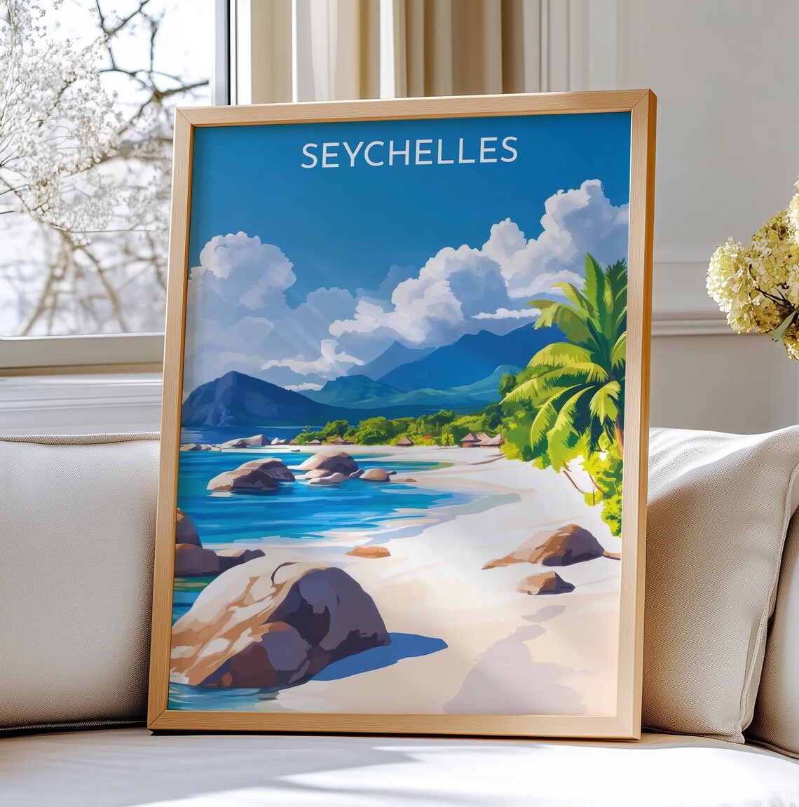 Seychelles Beach Granite Boulders Palms Vintage Travel Art Poster