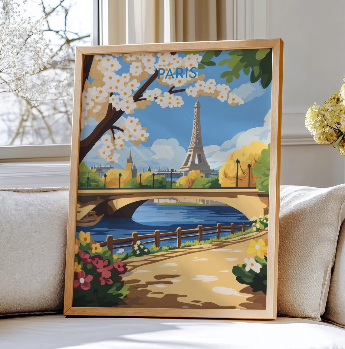 Paris Eiffel Tower Seine River Spring Blossoms Scenic Travel Print