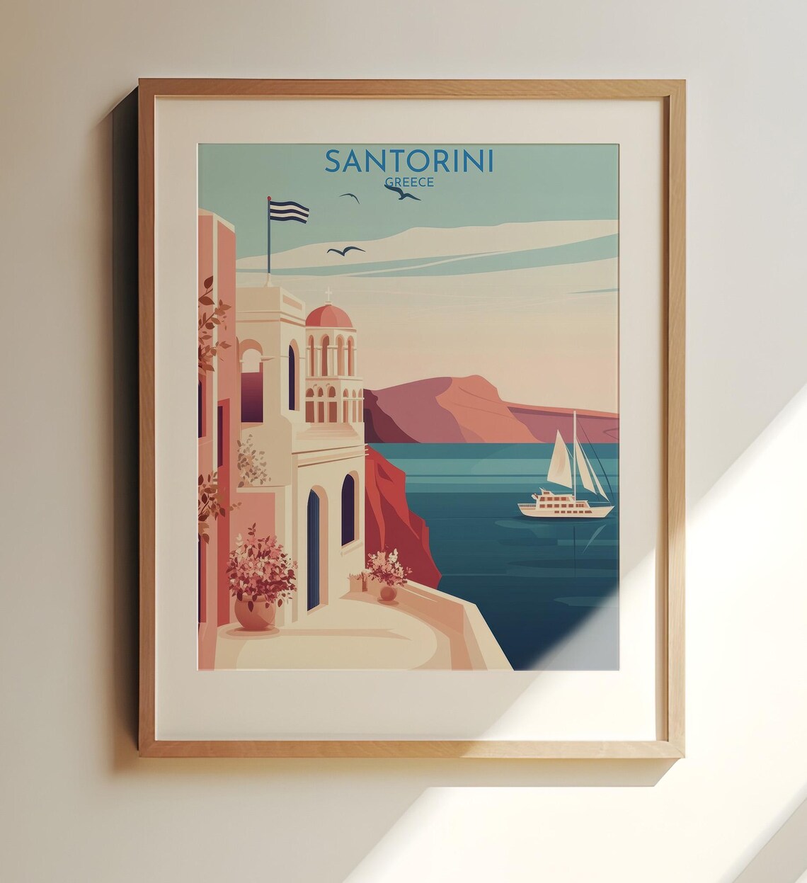 Santorini Greece White Buildings Aegean Sea Vintage Travel Poster